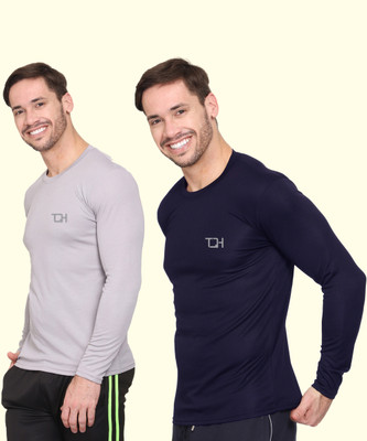 TQH Solid Men Round Neck Dark Blue, Grey T-Shirt
