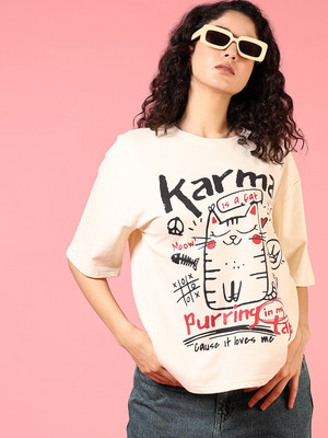 V-MART Printed Women Round Neck White T-Shirt