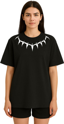 Buddy Collection Graphic Print Women Round Neck Black T-Shirt