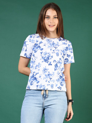 V-MART Printed Women Round Neck White T-Shirt