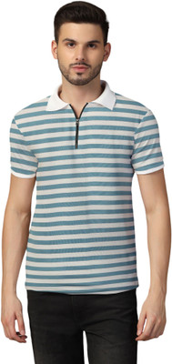 Lawful Casual Striped Men Polo Neck Blue T-Shirt
