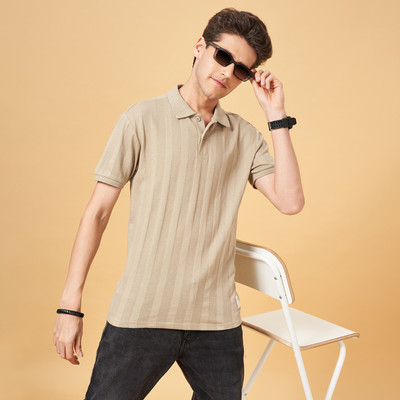 PEOPLE Striped Men Polo Neck Brown T-Shirt