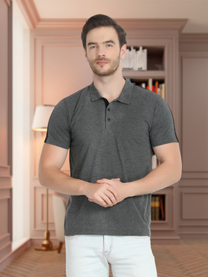 GLITO Solid Men Polo Neck Grey T-Shirt