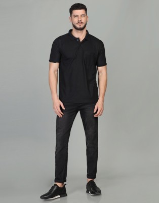 INKKR Solid Men Polo Neck Black T-Shirt