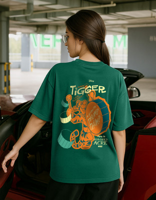 JUNEBERRY Printed, Typography Women Round Neck Dark Green T-Shirt