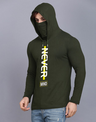 SLOWLORIS Printed Men Hooded Neck Dark Green T-Shirt