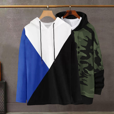 Try This Printed Men Hooded Neck Blue, Green T-Shirt