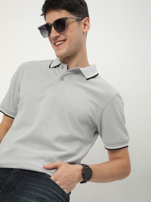 R&B Solid Men Polo Neck Silver T-Shirt