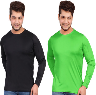 KASPY Solid Men Round Neck Black, Green T-Shirt
