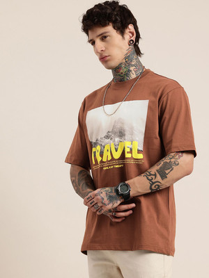 HERE&NOW Printed Men Round Neck Brown T-Shirt