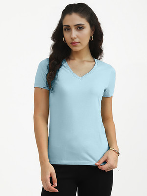 radprix Solid Women V Neck Light Blue T-Shirt