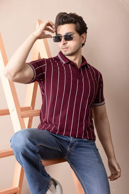 Garimaknitwear Striped Men Polo Neck Maroon T-Shirt