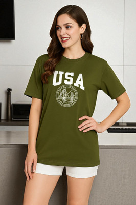 Elvia Typography Women Round Neck Green T-Shirt