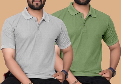 KAJARU Solid Men Polo Neck Green, Grey T-Shirt