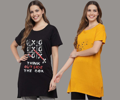 issavi Printed Women Round Neck Yellow, Black T-Shirt