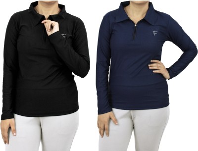 MYO Solid Women Zip Neck Black, Navy Blue T-Shirt