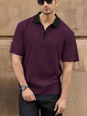 Aqualoom Self Design Men Zip Neck Purple T-Shirt