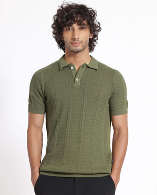 RARE RABBIT Self Design Men Polo Neck Green T-Shirt