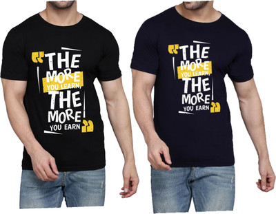 WOOSTRO Printed Men Round Neck Black, Dark Blue T-Shirt