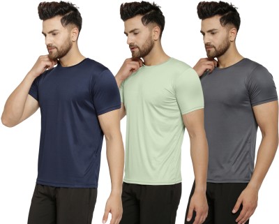 Cruister Solid Men Round Neck Grey, Light Green, Navy Blue T-Shirt