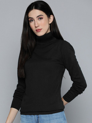 Harbor N Bay Solid Women High Neck Black T-Shirt