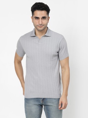 KALT Self Design Men Polo Neck Grey T-Shirt