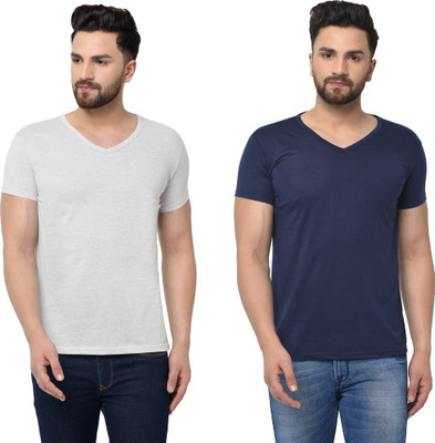 Tresna Trending Solid Men V Neck Dark Blue, Grey T-Shirt