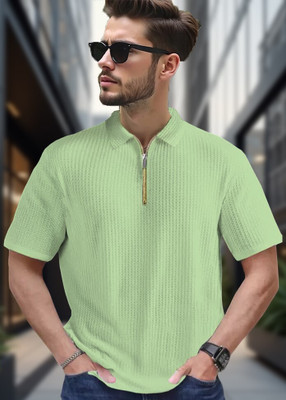 NB NICKY BOY Self Design Men Zip Neck Light Green T-Shirt
