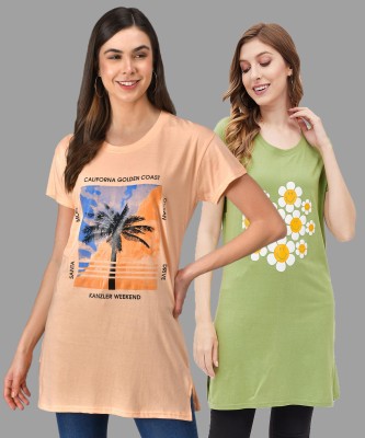 Christy World Graphic Print, Floral Print Women Round Neck Light Green, Orange T-Shirt