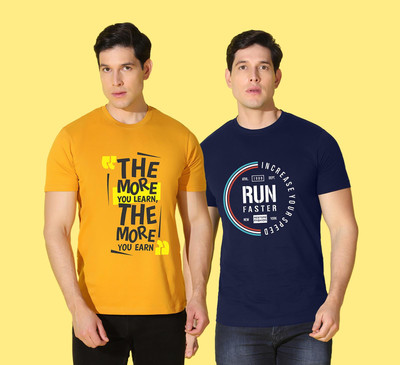 WOOSTRO Typography Men Round Neck Dark Blue, Yellow T-Shirt