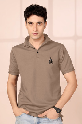 Vividvibe Embroidered Men Polo Neck Brown T-Shirt