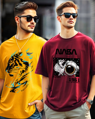 AOOSH Graphic Print Men Round Neck Yellow, Maroon T-Shirt