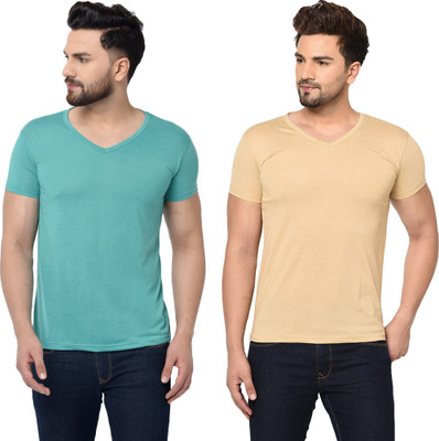 Tresna Trendy Solid Men V Neck Green, Beige T-Shirt