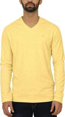 CELSIUS Solid Men V Neck Yellow T-Shirt