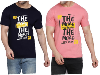 WOOSTRO Printed Men Round Neck Dark Blue, Pink T-Shirt