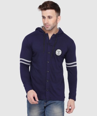 Lawful Casual Solid Men Hooded Neck Dark Blue T-Shirt