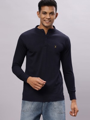 N AND J Solid Men Mandarin Collar Navy Blue T-Shirt