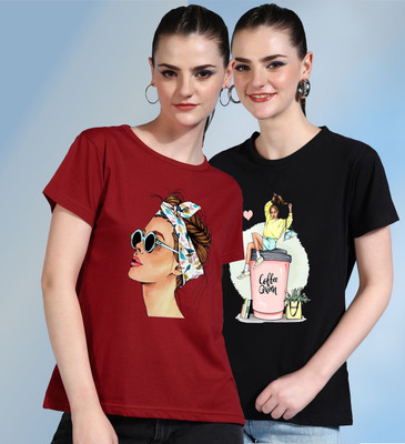 METRONAUT Printed Women Round Neck Red, Black T-Shirt