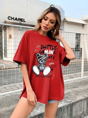 Detour Printed, Typography Women Round Neck Red T-Shirt