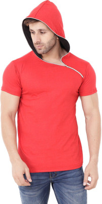 GEUM Solid Men Hooded Neck Red T-Shirt