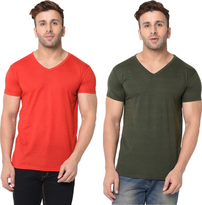 Tresna Trending Solid Men V Neck Dark Green, Red T-Shirt