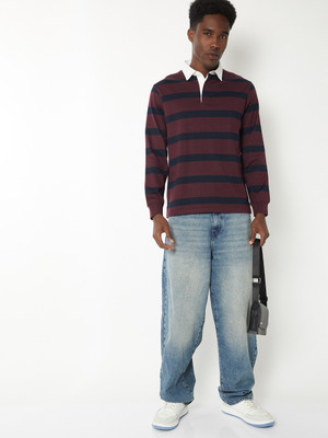 MAX Striped, Solid Men Polo Neck Maroon, Black T-Shirt