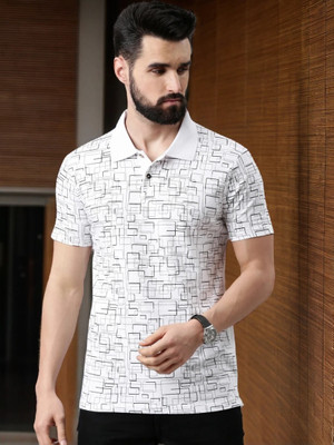 Kryptic Printed Men Polo Neck White T-Shirt