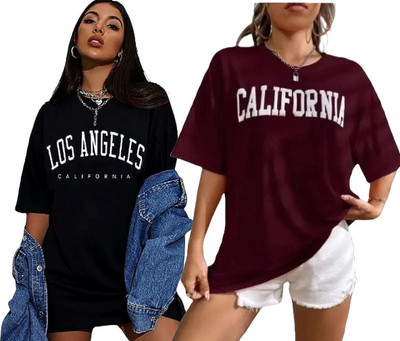 DIAZ Printed Women Round Neck Black, Maroon T-Shirt