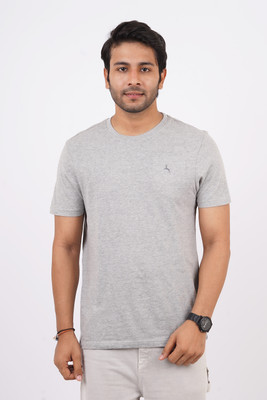 Hopping Deer on Redline Solid Men Crew Neck Grey T-Shirt