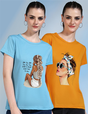 METRONAUT Printed Women Round Neck Light Blue, Yellow T-Shirt