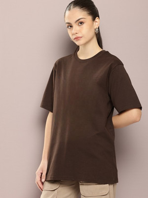 PockMAN Self Design Women Round Neck Brown T-Shirt