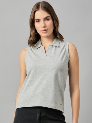 Femea Solid Women Polo Neck Grey T-Shirt