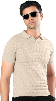 SaintArebian Self Design Men Polo Neck Beige T-Shirt
