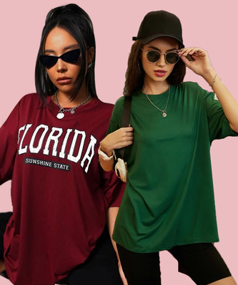 Christy World Printed Women Round Neck Maroon, Green T-Shirt